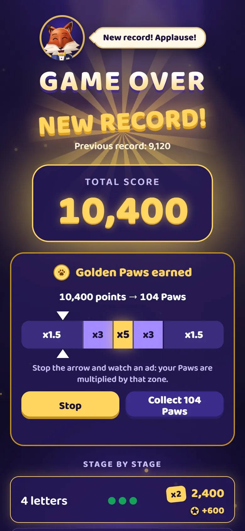 The end screen: a new record and the total score