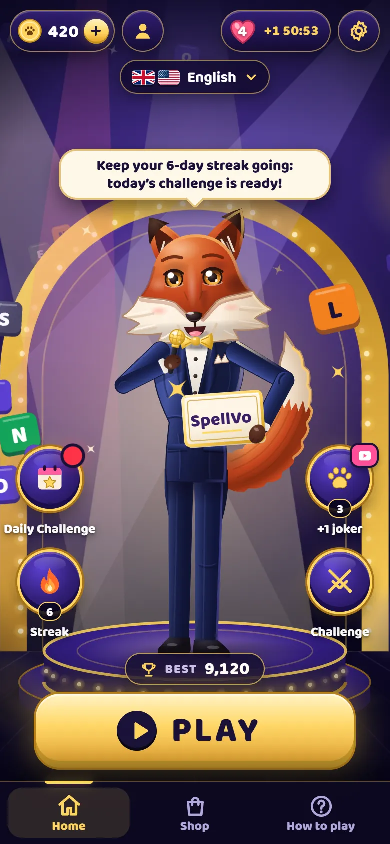 The lobby: the fox host on stage, the Play button and the Daily Challenge