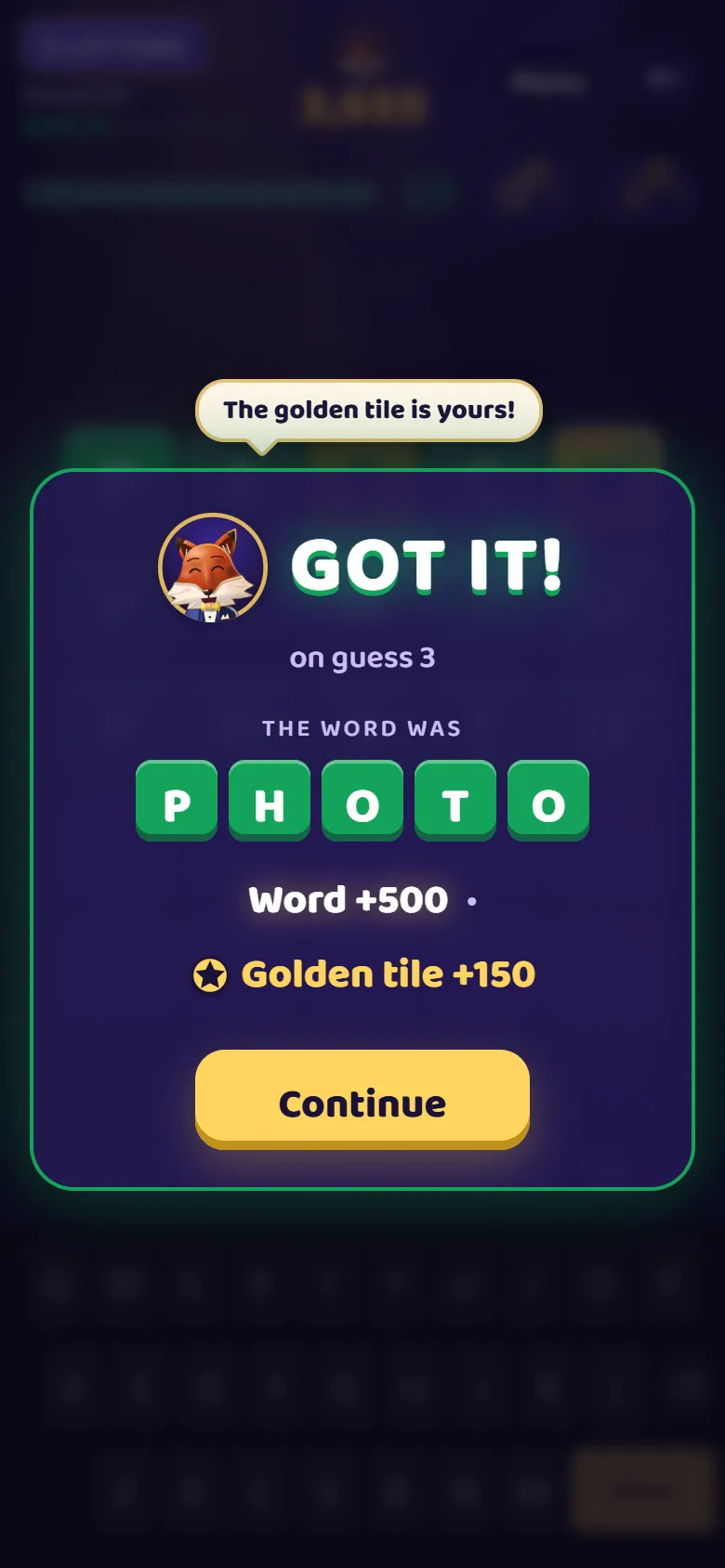 A round’s result: the fox cheers the golden tile