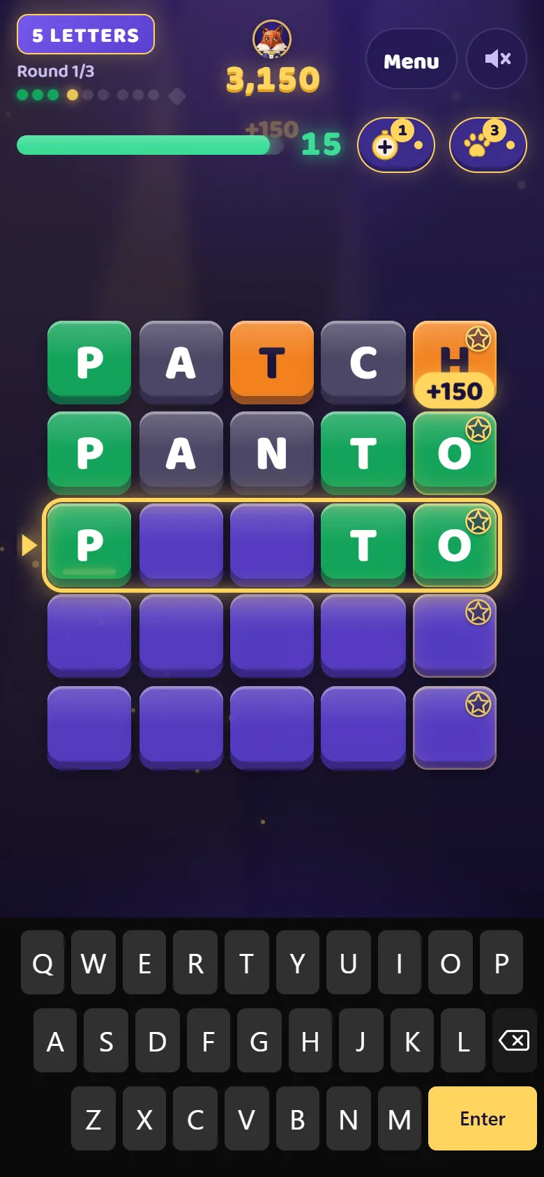 A round: two guesses in colored tiles and the timer bar