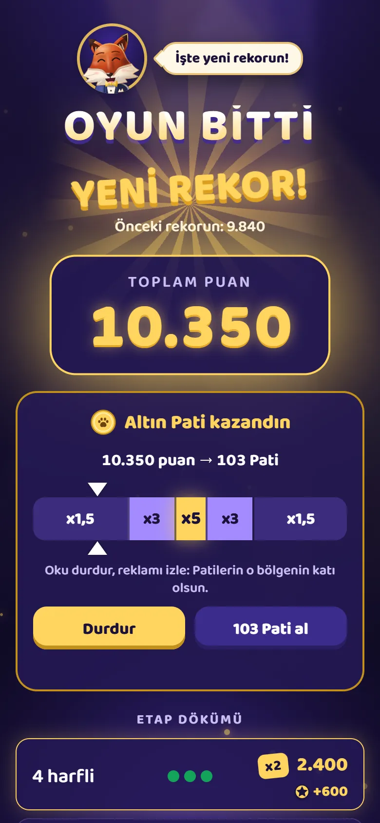 Oyun sonu: yeni rekor ve toplam puan